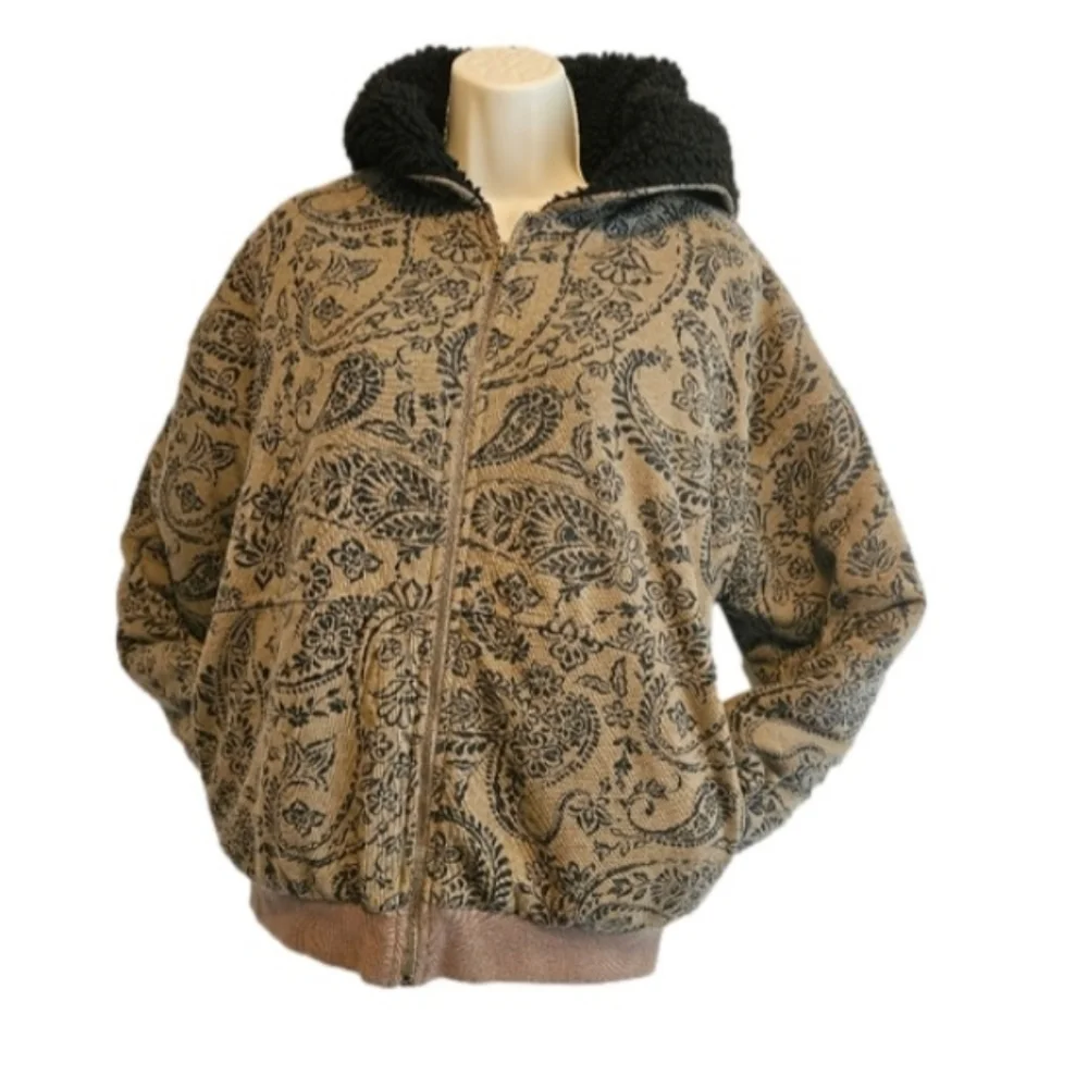 Forever 21 Paisley Print Zip-up Hoodie. size S Brown and black sherpa - Picture 1 of 16